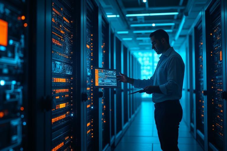 Technician working on advanced 5G network infrastructure with digital overlays
